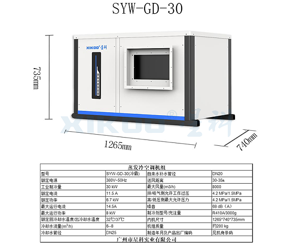 工业蒸发冷省电空调SYW-GD- 30（挂式管道送风）产品参数